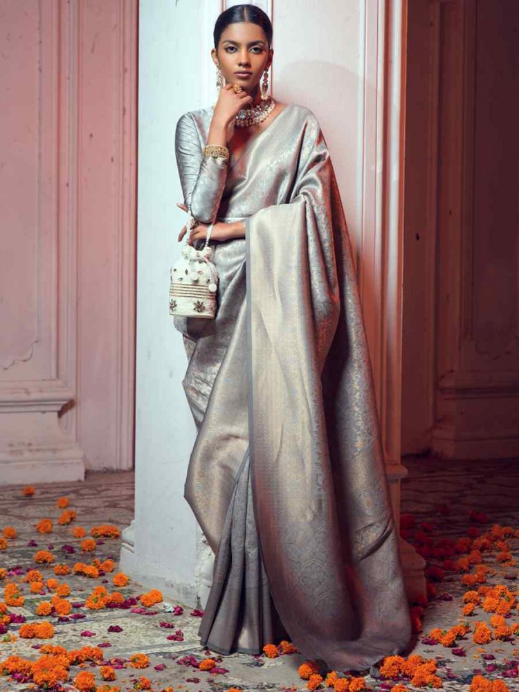 Grey Silk Handwoven Wedding Festival Heavy Border Saree