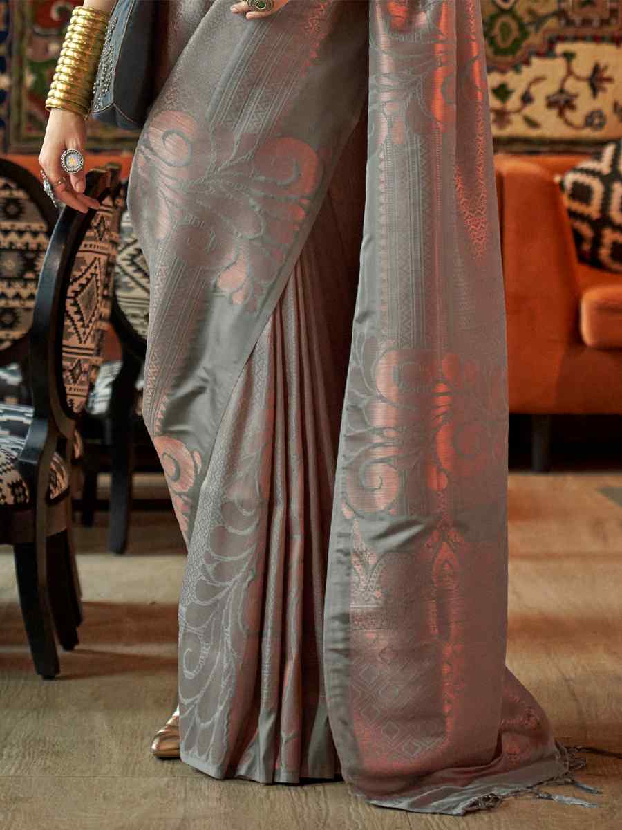 Grey Silk Handwoven Wedding Festival Heavy Border Saree
