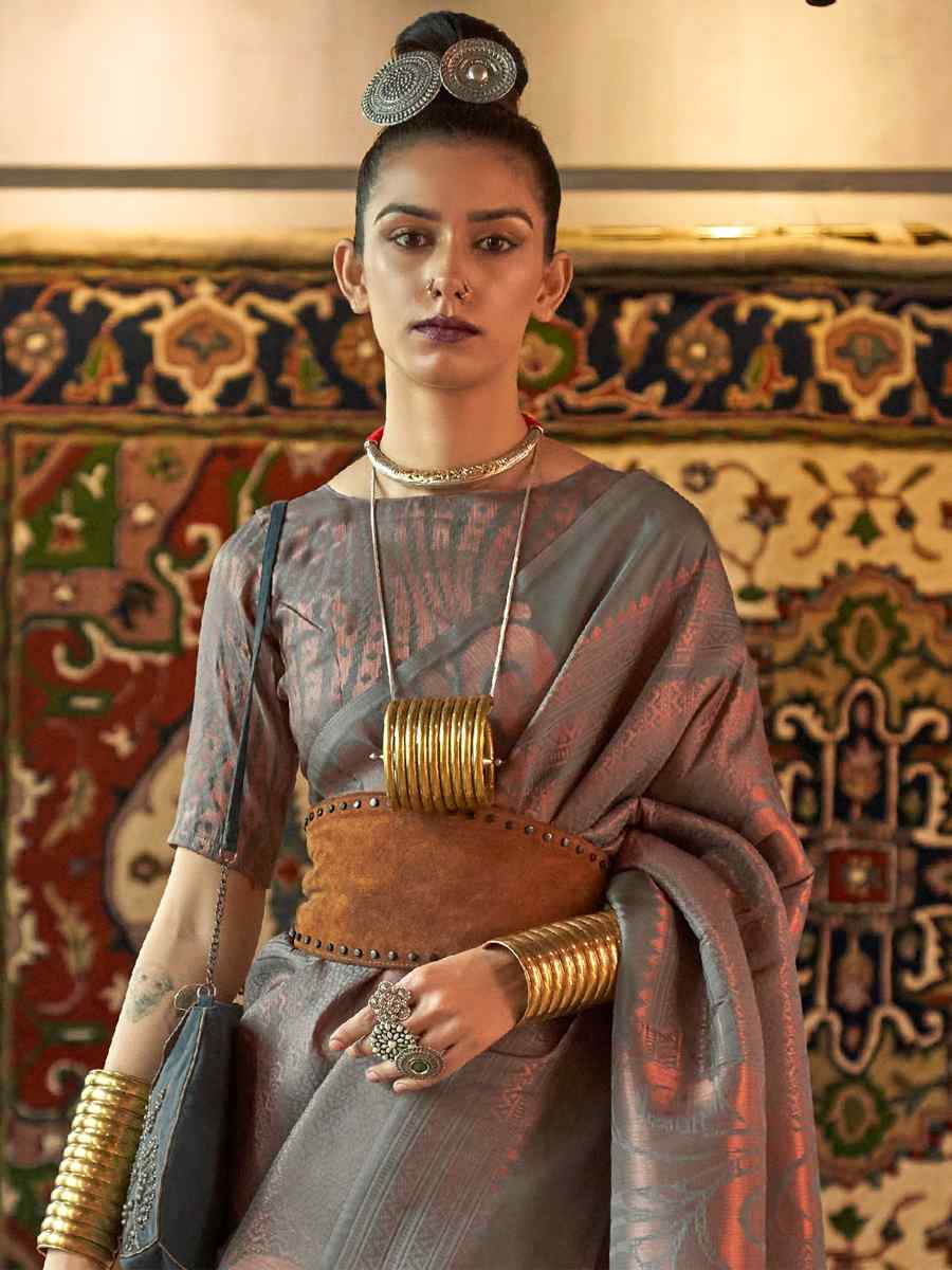 Grey Silk Handwoven Wedding Festival Heavy Border Saree