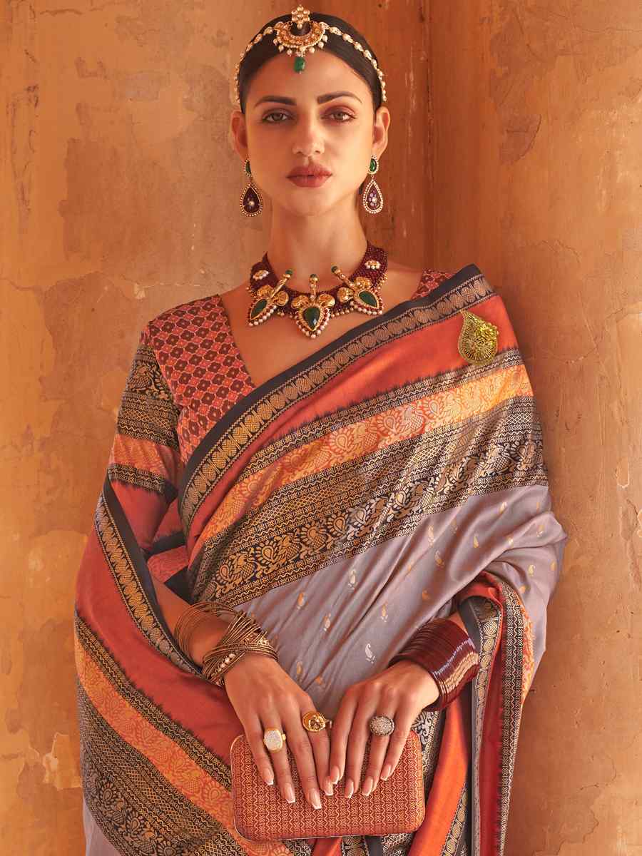 Grey Silk Handwoven Wedding Festival Heavy Border Saree