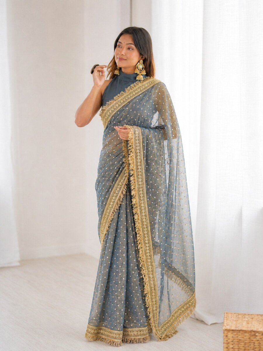 Grey Silk Jaquard Butti Wedding Reception Party Festival Casual Heavy Border Sarees