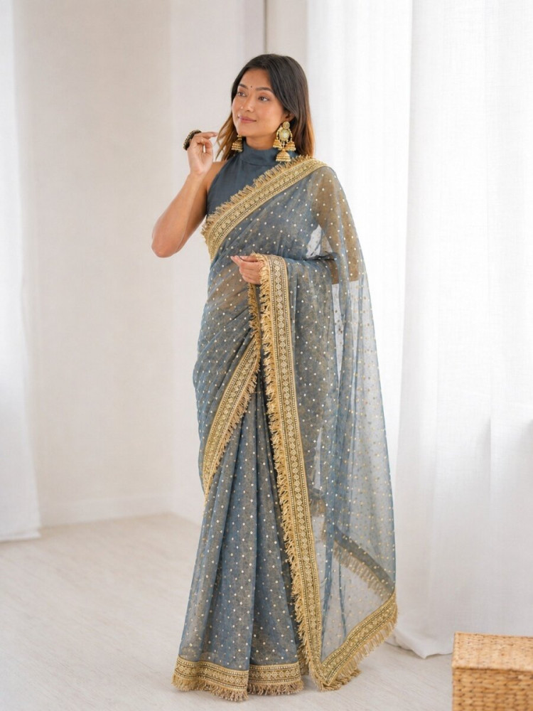 Image of Grey Silk Jaquard Butti Wedding Reception Party Festival Casual Heavy Border Sarees