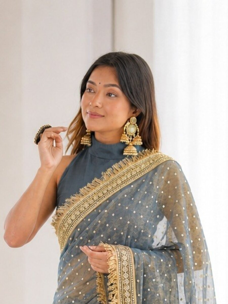Grey Silk Jaquard Butti Wedding Reception Party Festival Casual Heavy Border Sarees