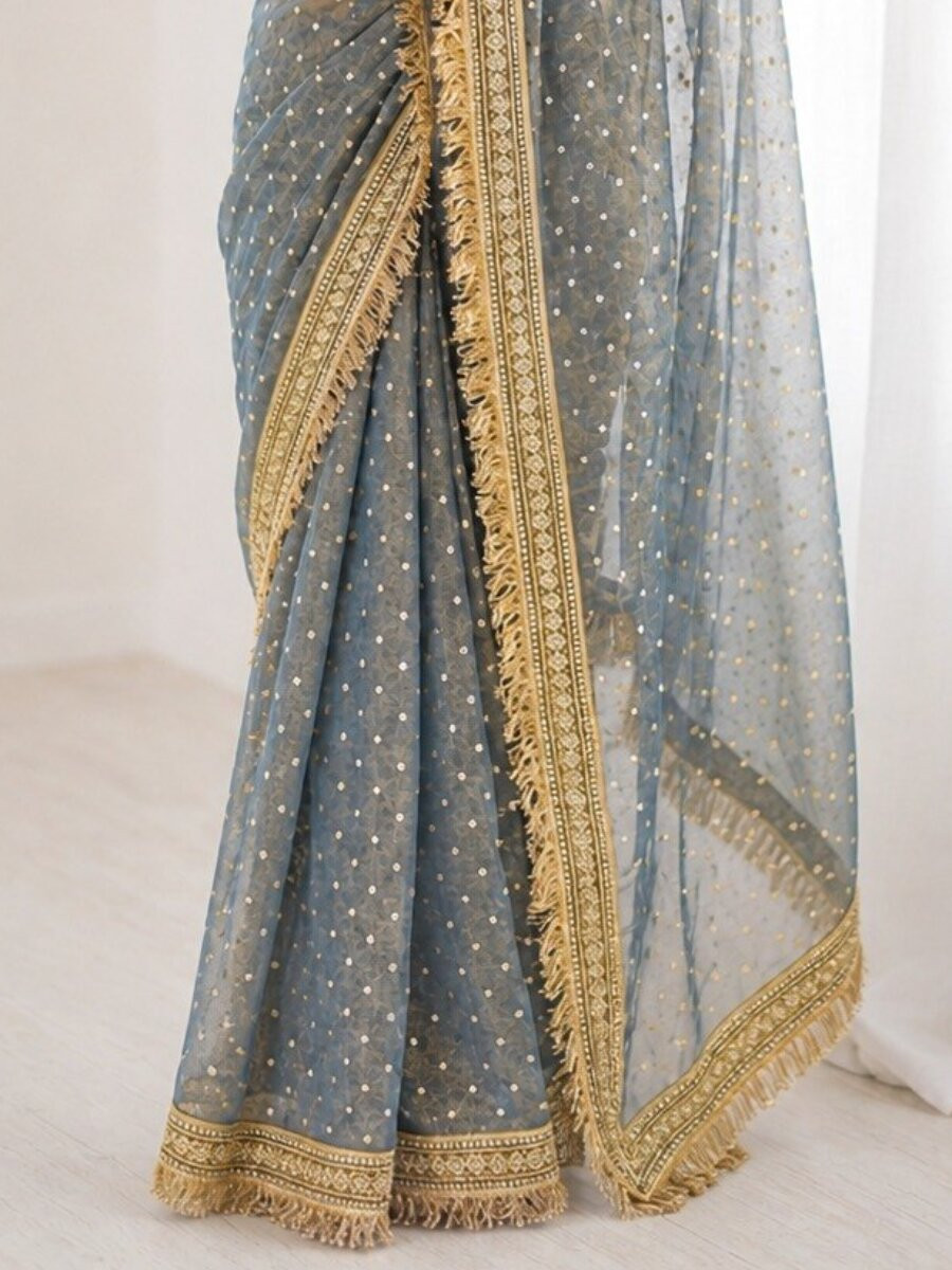 Grey Silk Jaquard Butti Wedding Reception Party Festival Casual Heavy Border Sarees