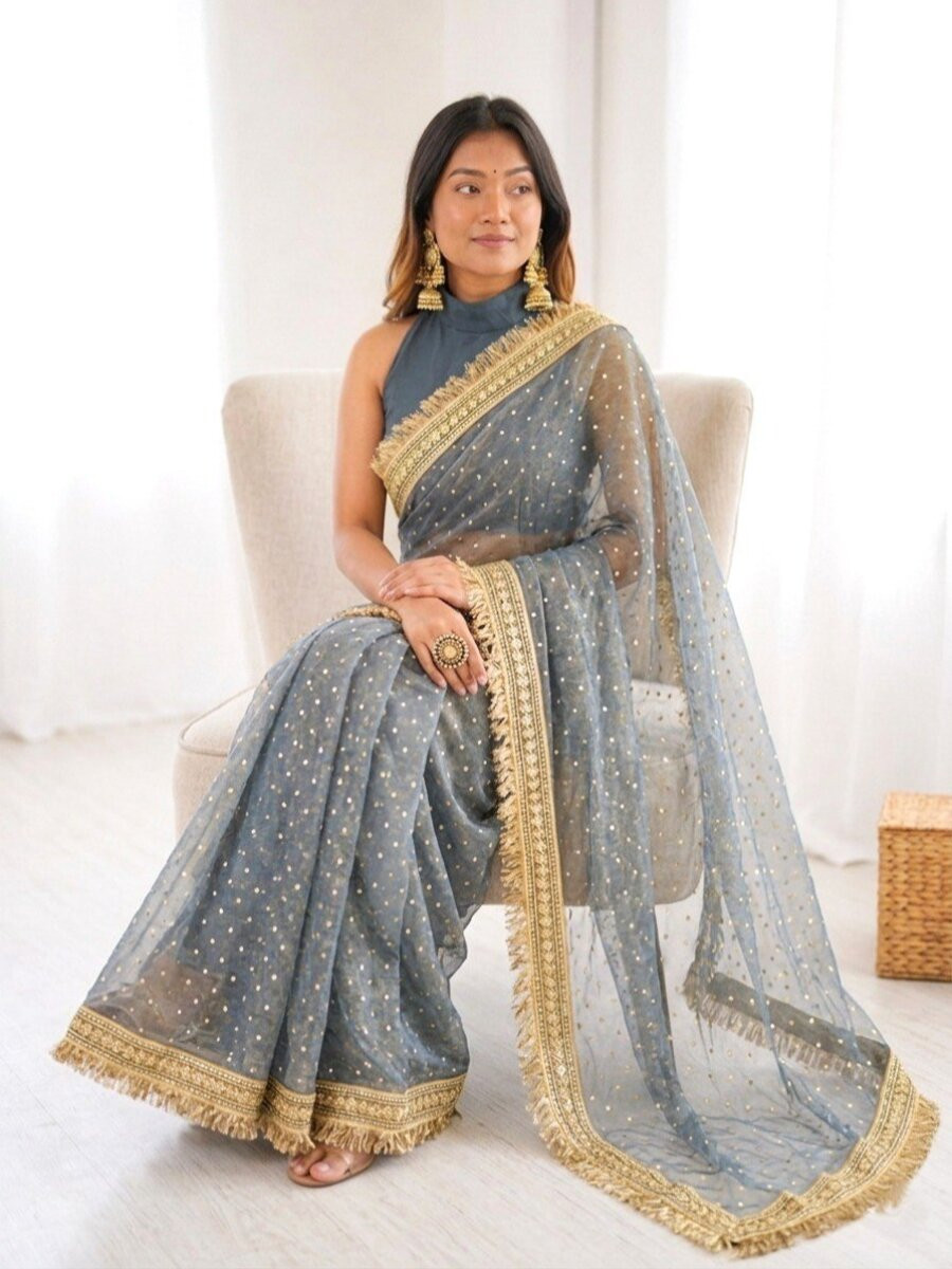 Grey Silk Jaquard Butti Wedding Reception Party Festival Casual Heavy Border Sarees