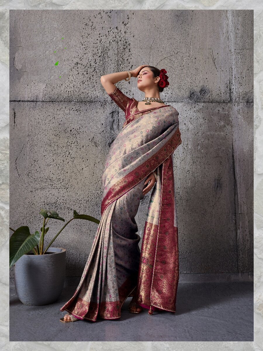 Grey Silk Kanjivaram Wedding Reception Party Festival Casual Heavy Border Sarees