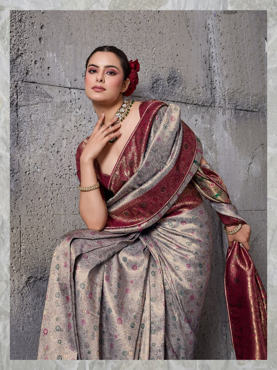 Grey Silk Kanjivaram Wedding Reception Party Festival Casual Heavy Border Sarees