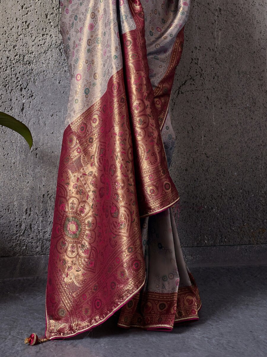 Grey Silk Kanjivaram Wedding Reception Party Festival Casual Heavy Border Sarees