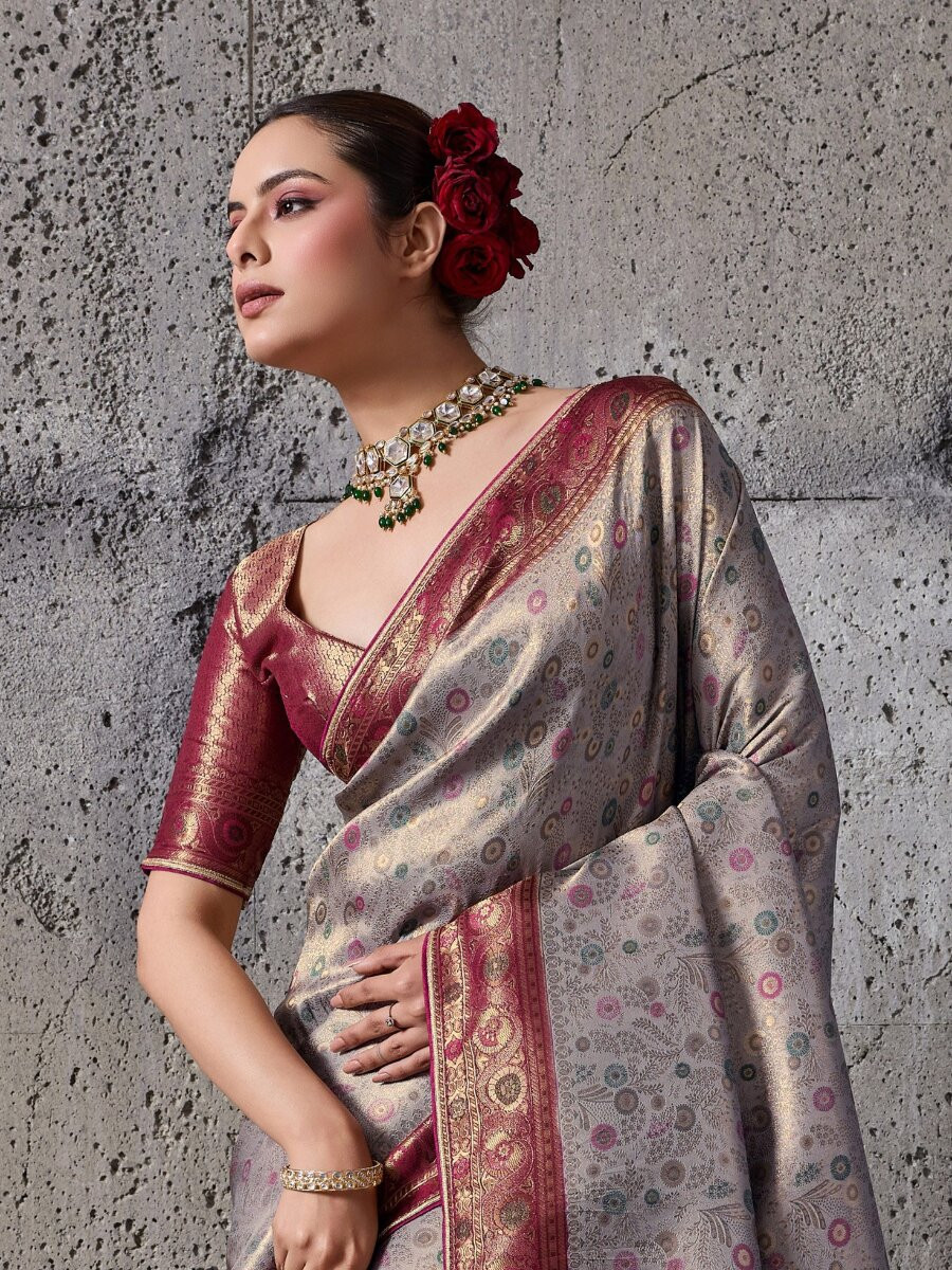 Grey Silk Kanjivaram Wedding Reception Party Festival Casual Heavy Border Sarees