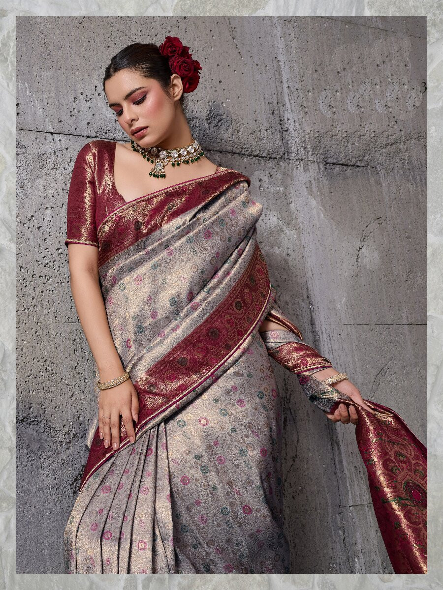 Grey Silk Kanjivaram Wedding Reception Party Festival Casual Heavy Border Sarees