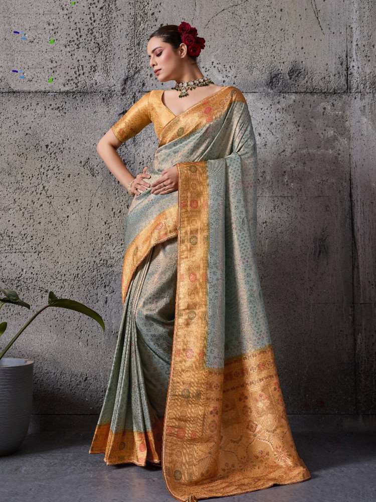 Image of Grey Silk Kanjivaram Wedding Reception Party Festival Casual Heavy Border Sarees