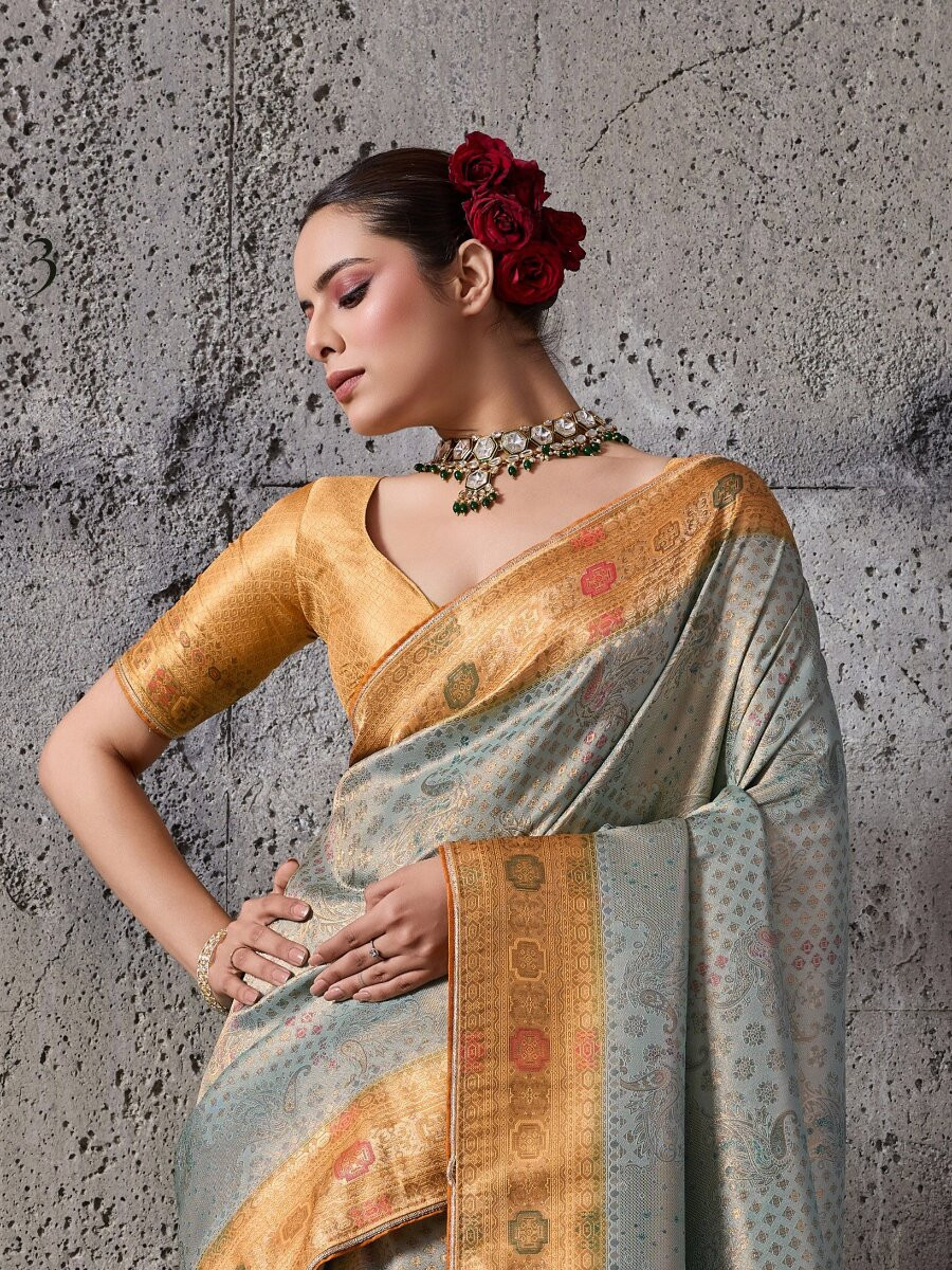 Grey Silk Kanjivaram Wedding Reception Party Festival Casual Heavy Border Sarees