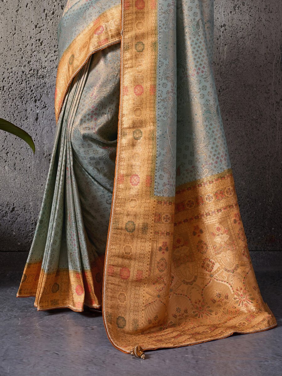 Grey Silk Kanjivaram Wedding Reception Party Festival Casual Heavy Border Sarees