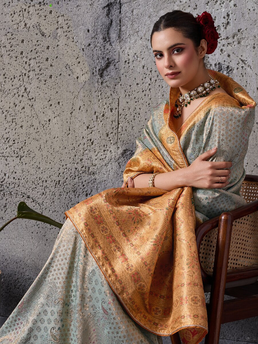 Grey Silk Kanjivaram Wedding Reception Party Festival Casual Heavy Border Sarees