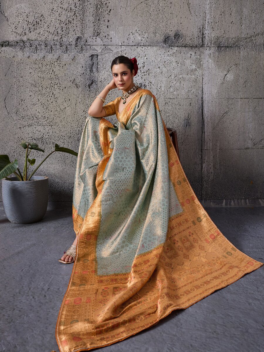 Grey Silk Kanjivaram Wedding Reception Party Festival Casual Heavy Border Sarees