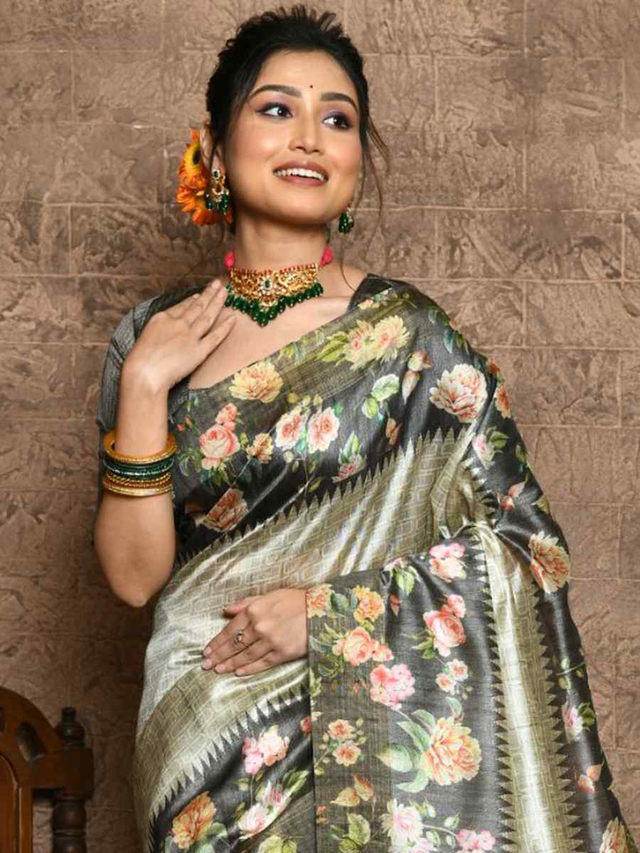 Grey Silk Printed Casual Festival Contemporary Saree