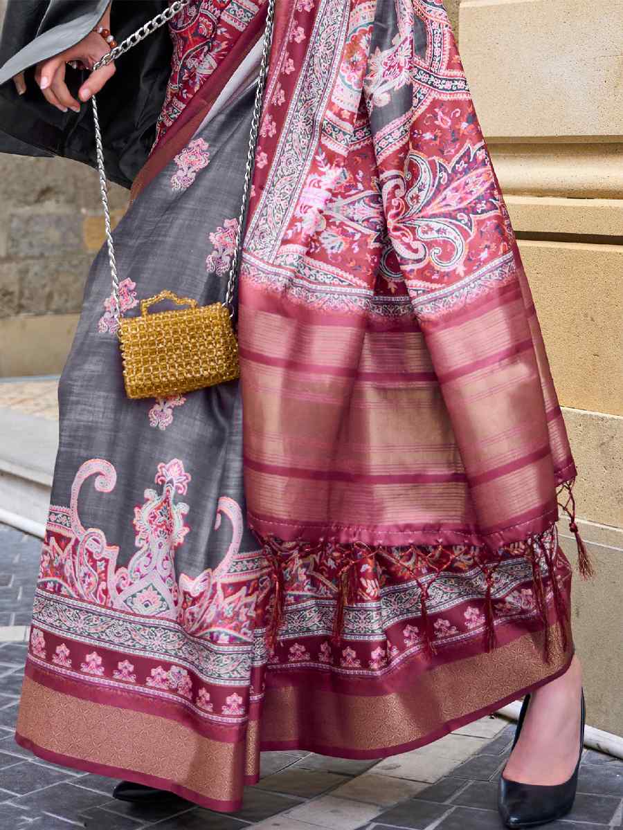 Grey Silk Printed Casual Party Classic Style Saree
