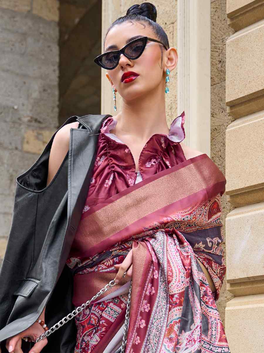 Grey Silk Printed Casual Party Classic Style Saree