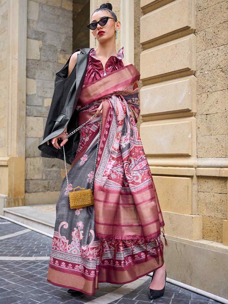 Grey Silk Printed Casual Party Classic Style Saree