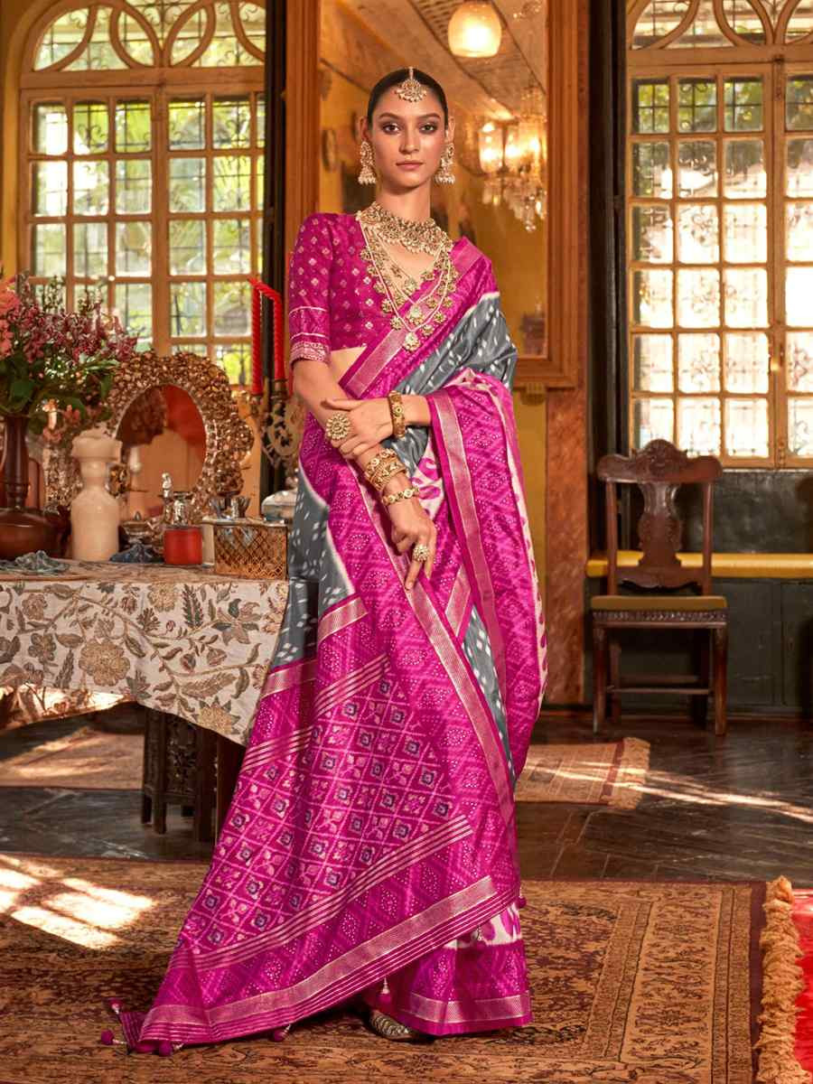 Grey Silk Printed Festival Wedding Fancy Heavy Border Saree