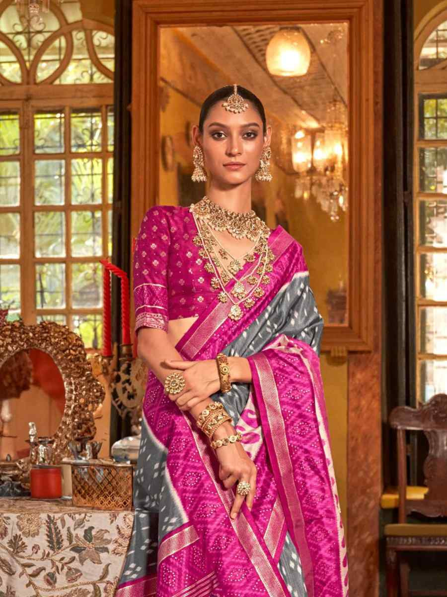 Grey Silk Printed Festival Wedding Fancy Heavy Border Saree