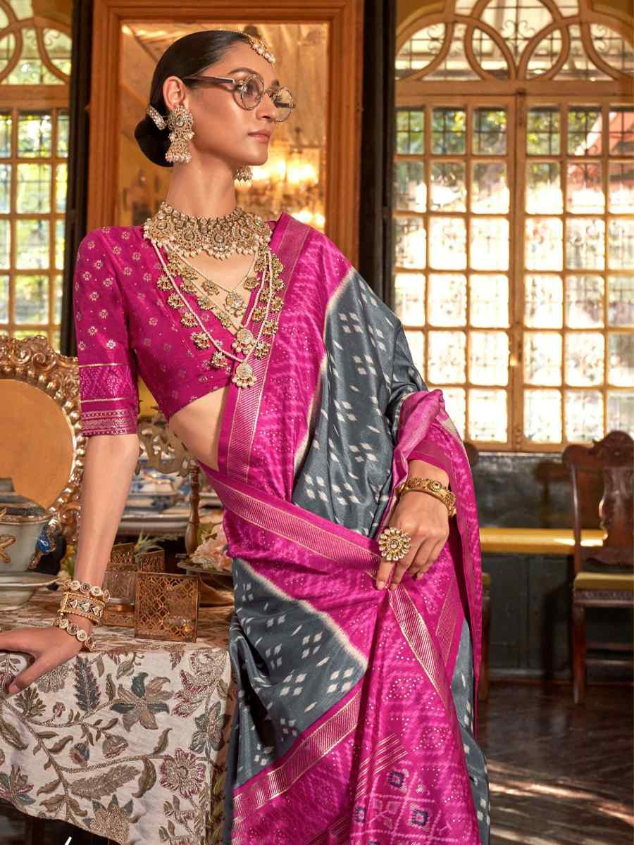 Grey Silk Printed Festival Wedding Fancy Heavy Border Saree