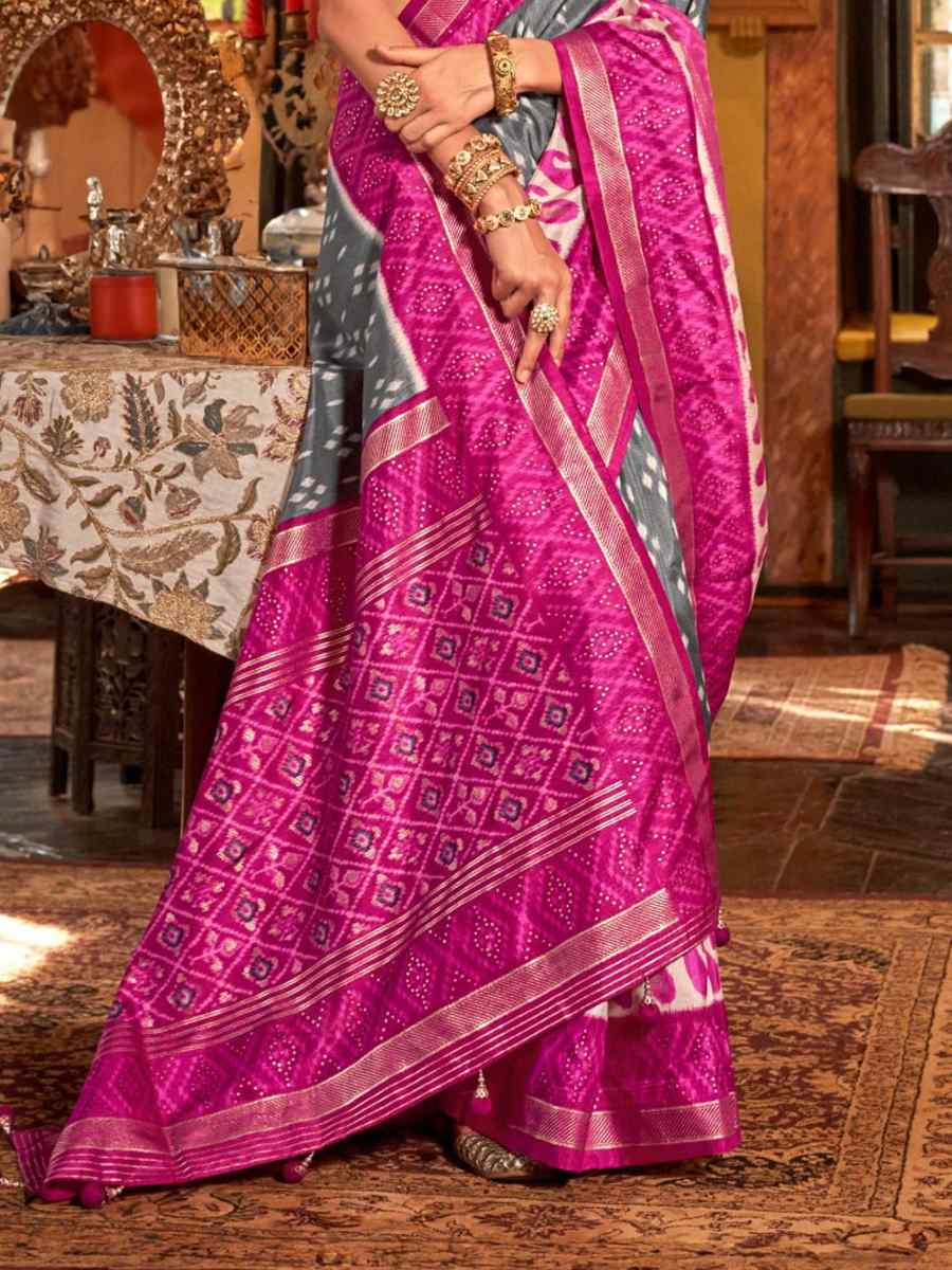 Grey Silk Printed Festival Wedding Fancy Heavy Border Saree