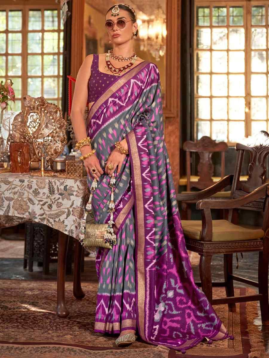 Grey Silk Printed Festival Wedding Fancy Heavy Border Saree