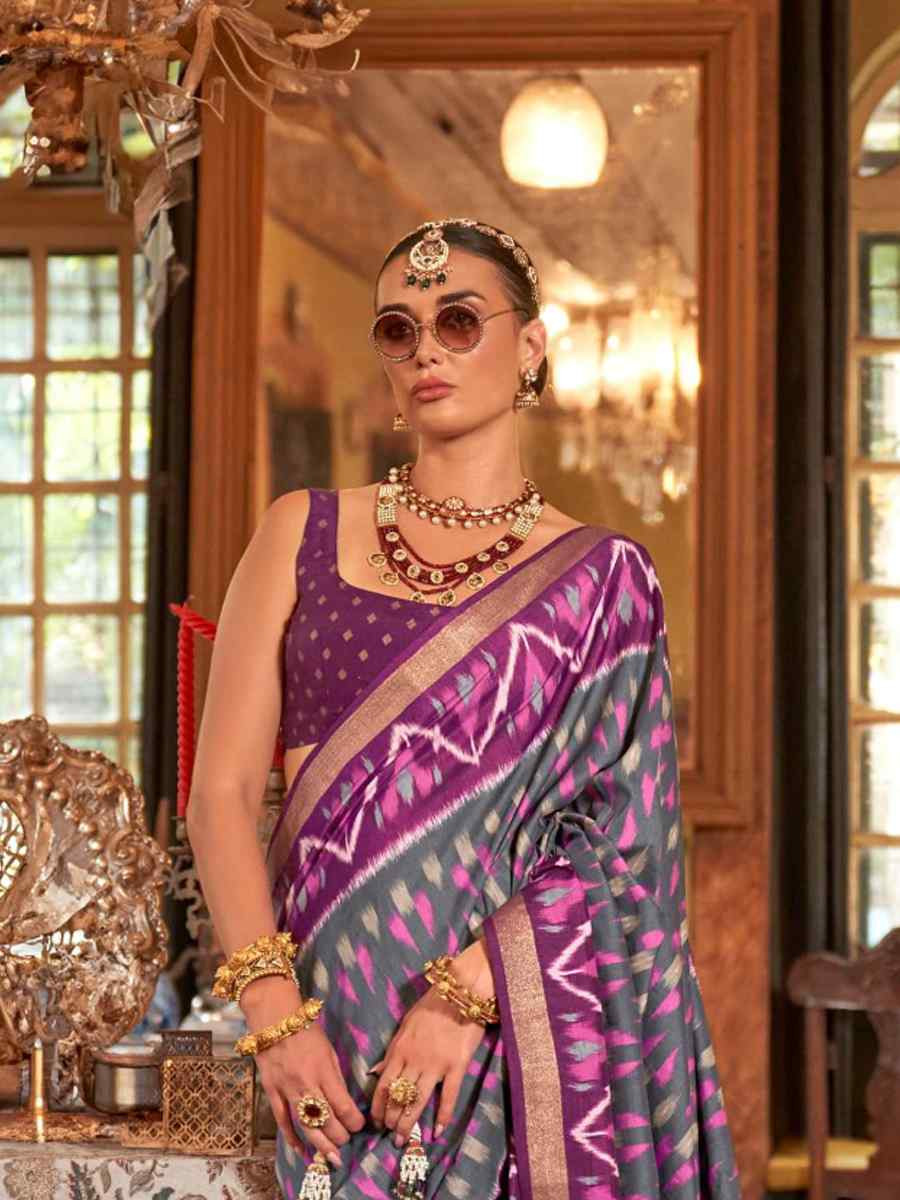 Grey Silk Printed Festival Wedding Fancy Heavy Border Saree