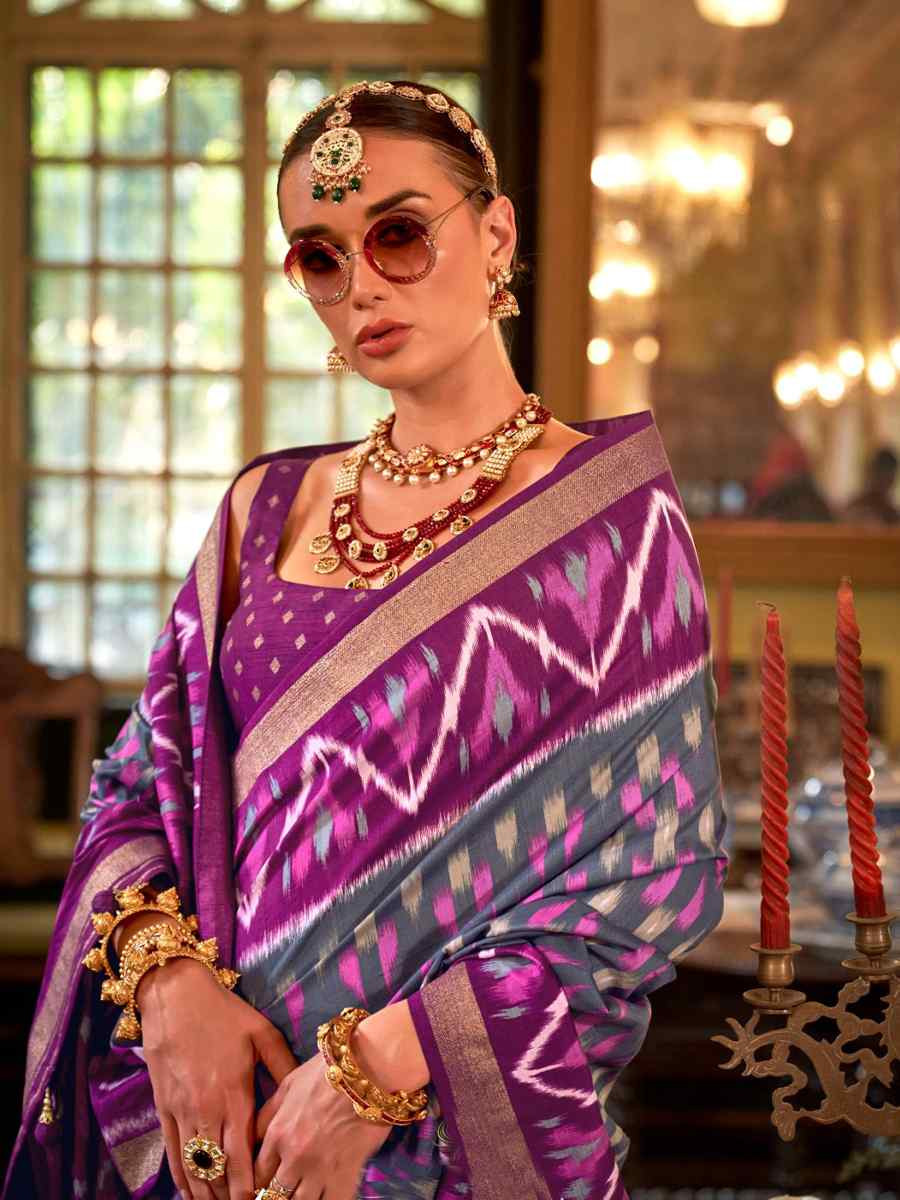 Grey Silk Printed Festival Wedding Fancy Heavy Border Saree