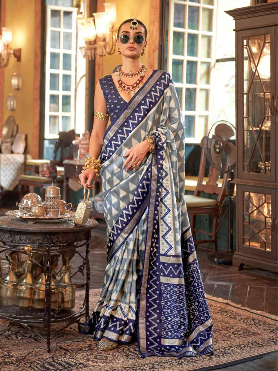 Grey Silk Printed Festival Wedding Fancy Heavy Border Saree