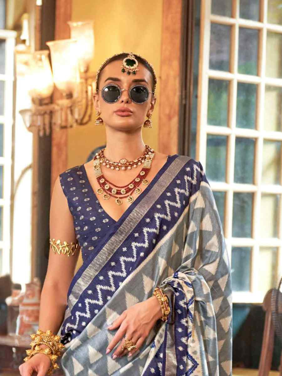 Grey Silk Printed Festival Wedding Fancy Heavy Border Saree