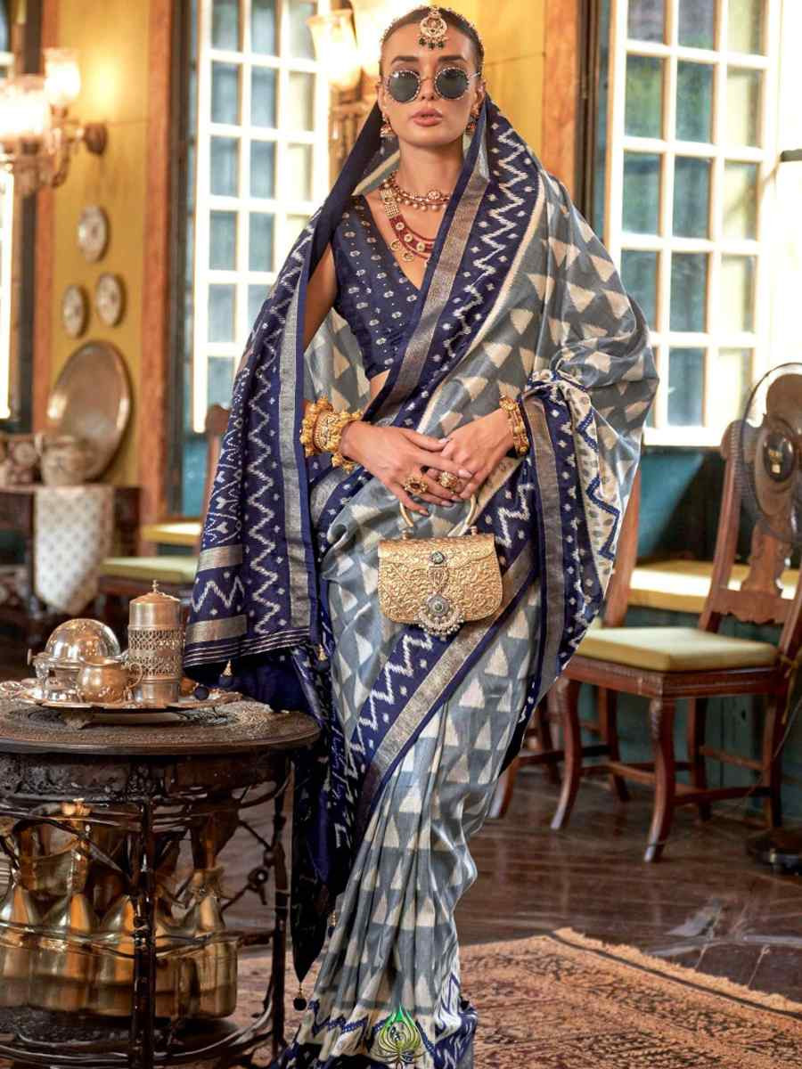 Grey Silk Printed Festival Wedding Fancy Heavy Border Saree