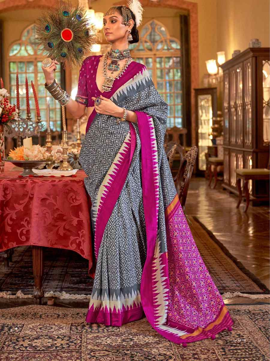 Grey Silk Printed Festival Wedding Fancy Heavy Border Saree
