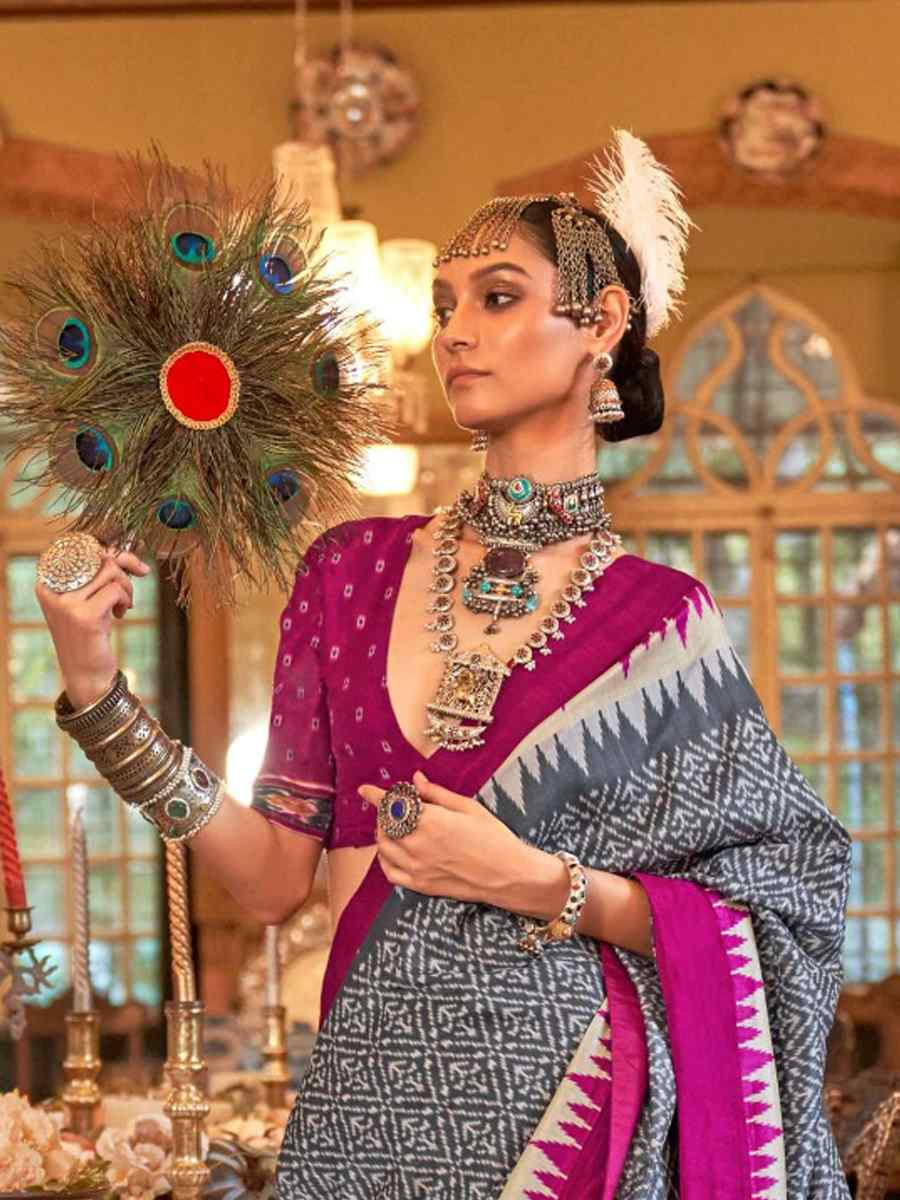 Grey Silk Printed Festival Wedding Fancy Heavy Border Saree