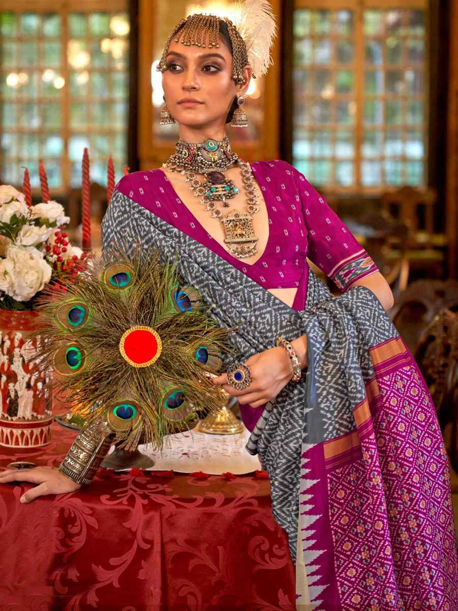 Grey Silk Printed Festival Wedding Fancy Heavy Border Saree