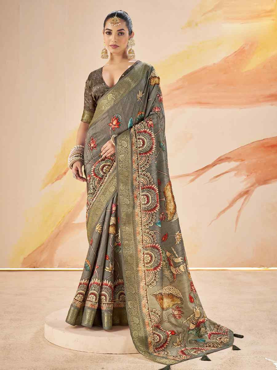 Grey Silk Printed Handwoven Traditional Bridal Reception Festival Wedding Fancy Classic Style Sarees