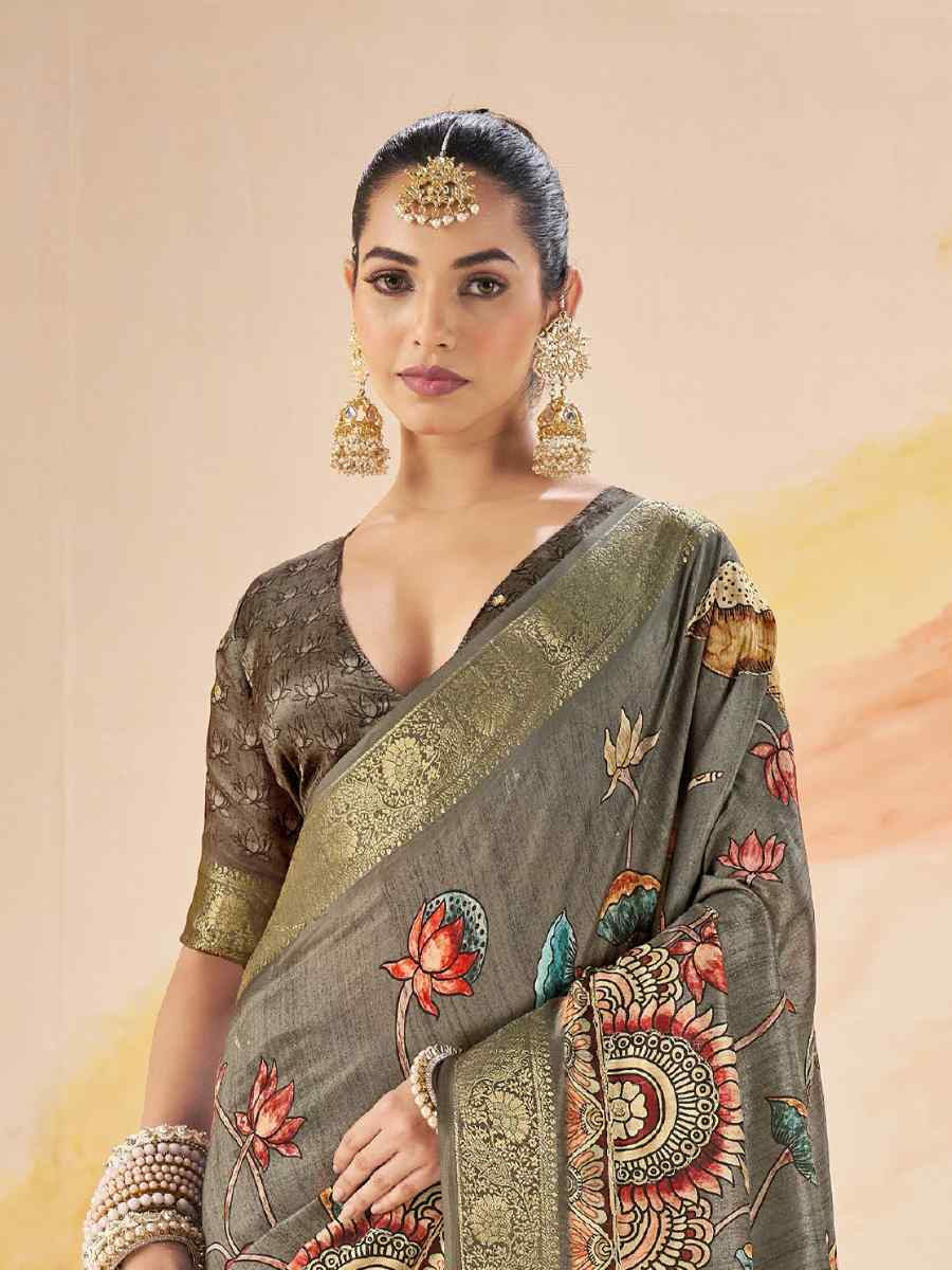 Grey Silk Printed Handwoven Traditional Bridal Reception Festival Wedding Fancy Classic Style Sarees