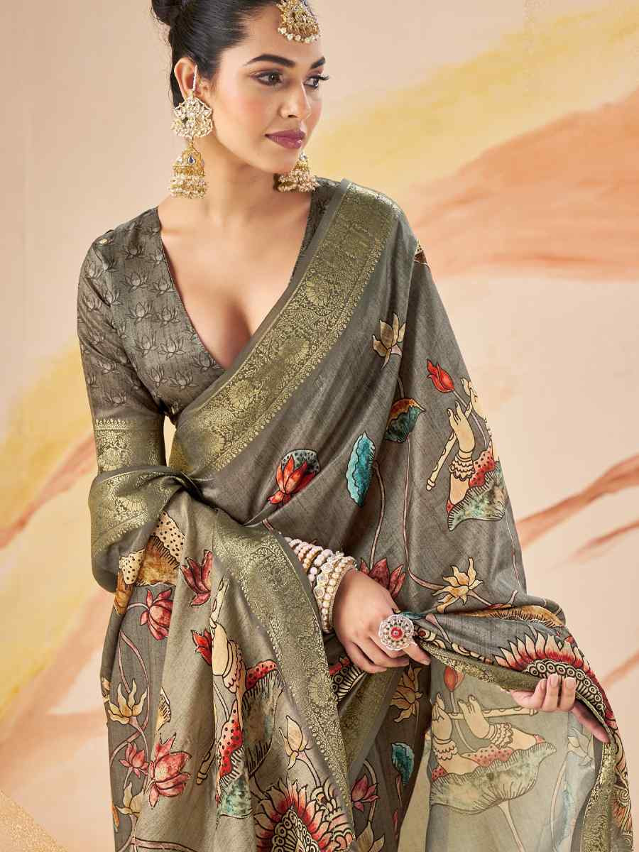 Grey Silk Printed Handwoven Traditional Bridal Reception Festival Wedding Fancy Classic Style Sarees