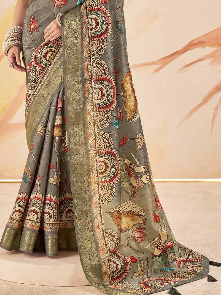 Grey Silk Printed Handwoven Traditional Bridal Reception Festival Wedding Fancy Classic Style Sarees