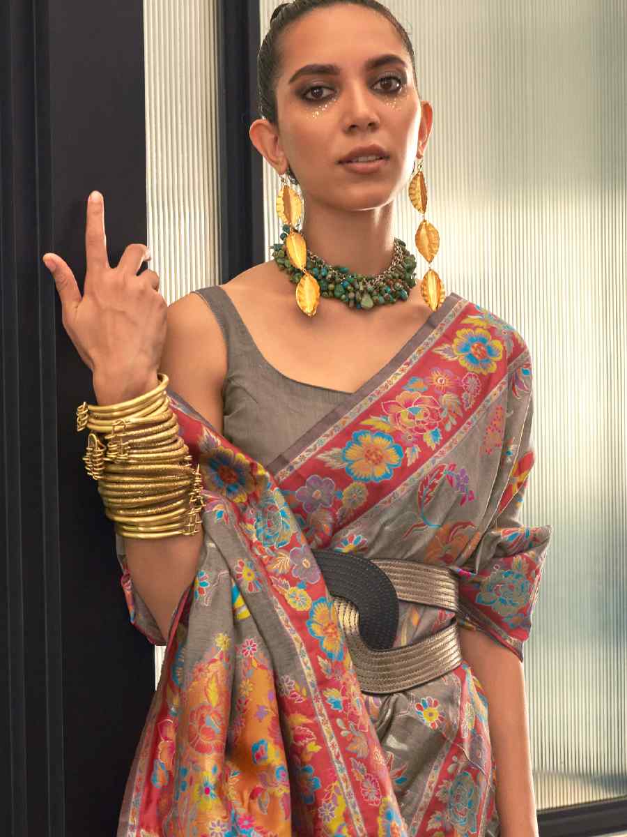 Grey Silk Printed Party Festival Contemporary Saree