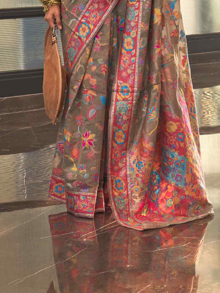 Grey Silk Printed Party Festival Contemporary Saree