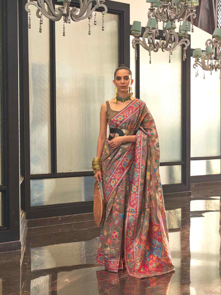 Grey Silk Printed Party Festival Contemporary Saree