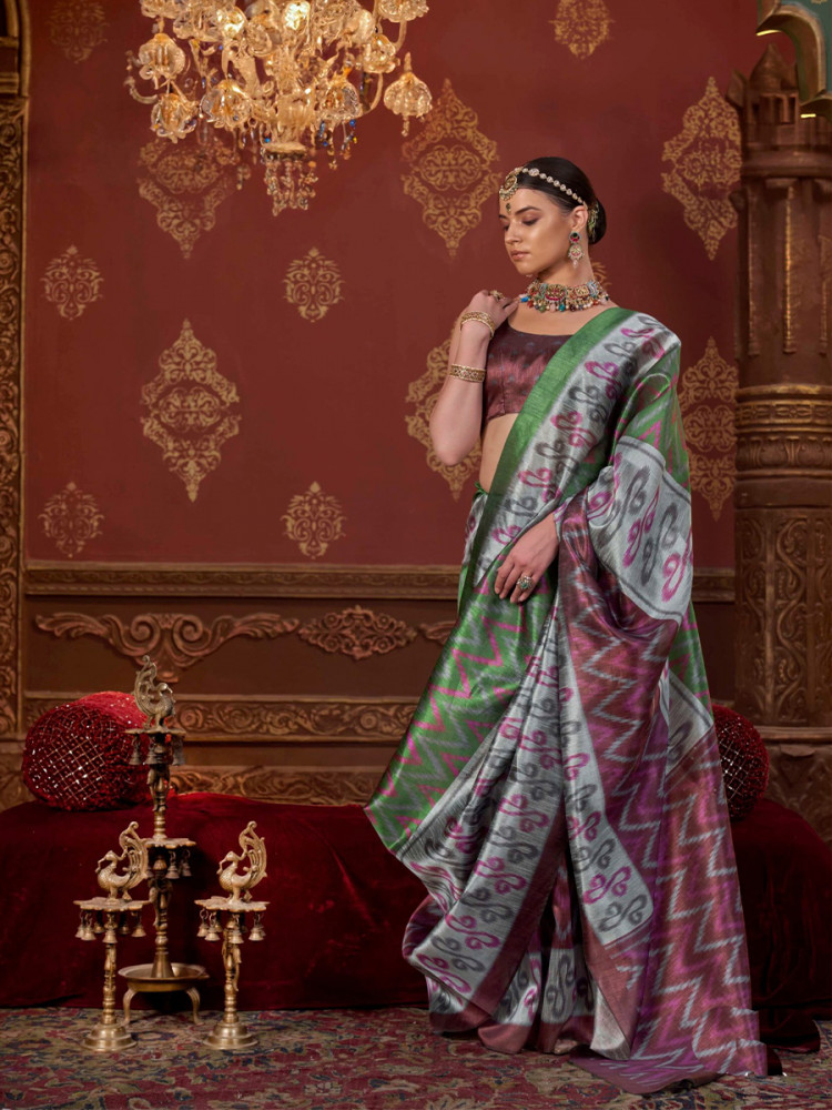 Image of Grey Silk Printed Party Reception Casual Wedding Contemporary Sarees