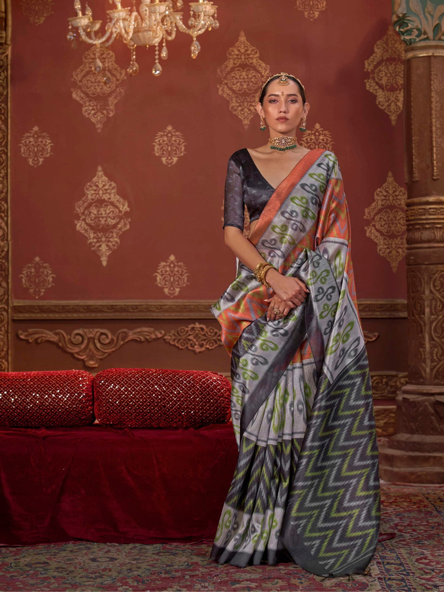 Grey Silk Printed Party Reception Casual Wedding Contemporary Sarees