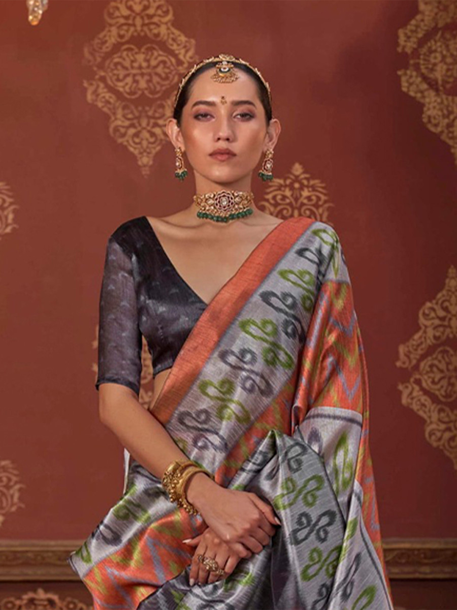 Grey Silk Printed Party Reception Casual Wedding Contemporary Sarees