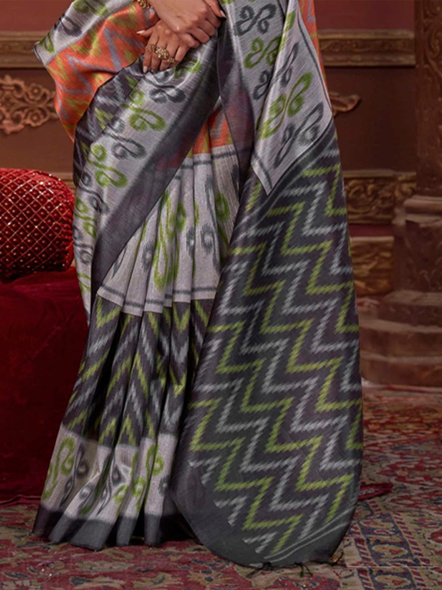 Grey Silk Printed Party Reception Casual Wedding Contemporary Sarees
