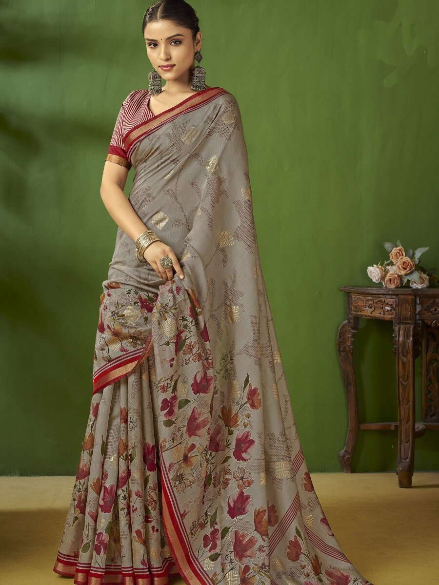 Grey Silk Printed Wedding Reception Party Festival Heavy Border Sarees