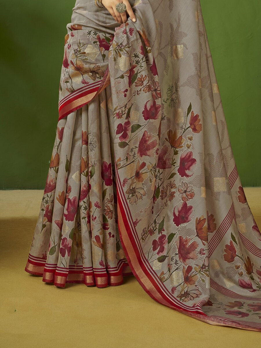 Grey Silk Printed Wedding Reception Party Festival Heavy Border Sarees