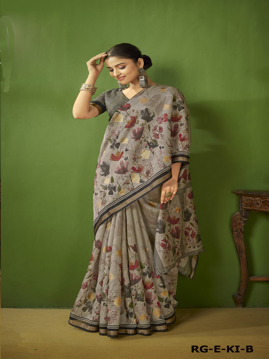 Grey Silk Printed Wedding Reception Party Festival Heavy Border Sarees